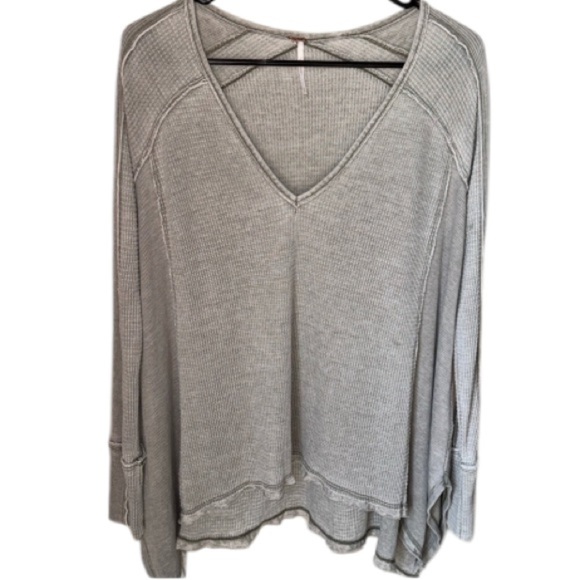 Free Peoplee shirt moss gray green waffle knit small NWT oversied shark bite hem - Picture 1 of 8